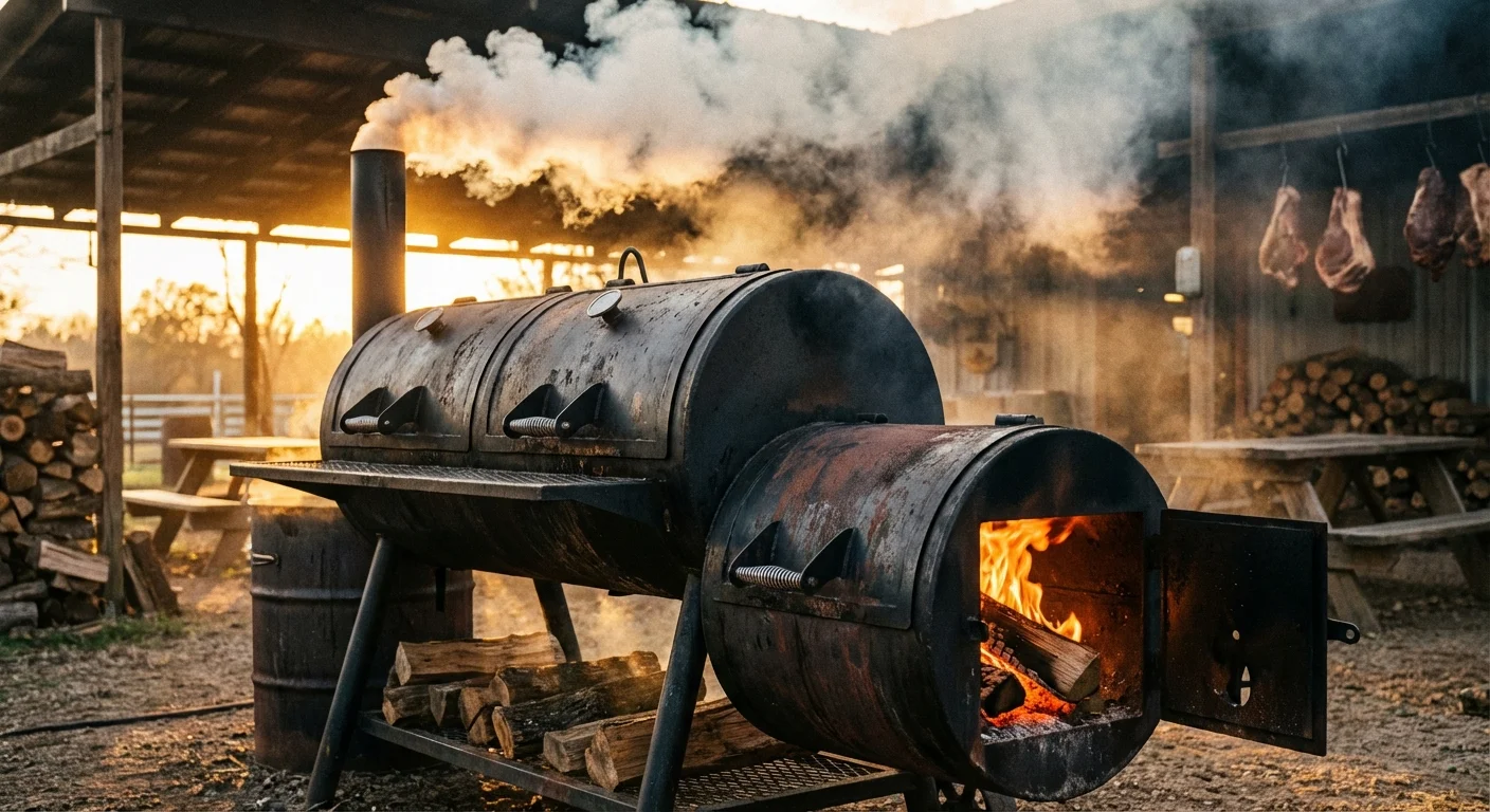Offset smoker in action with smoke billowing