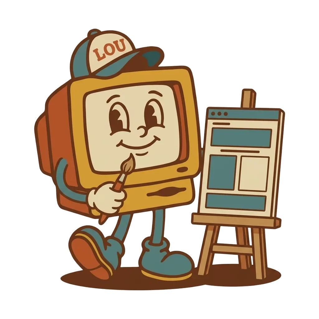 Lou painting a website mockup on a wooden easel